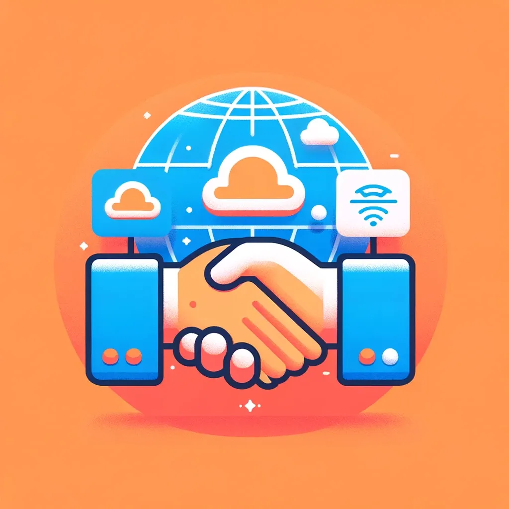 An abstract image of a handshake with cloud icons on the background
